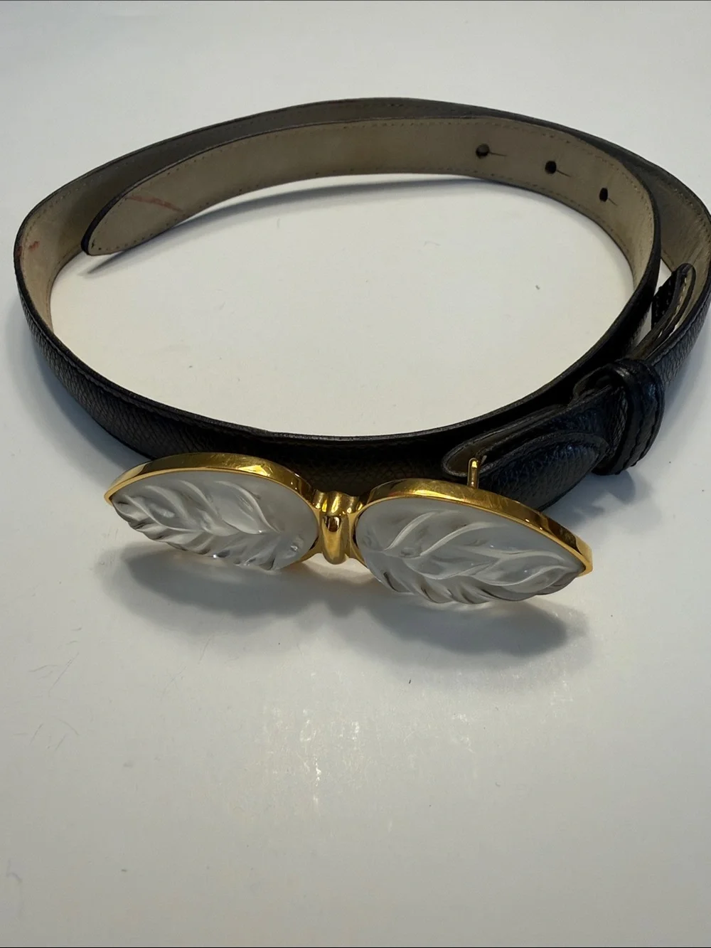Lalique Black Leather Belt with Gold-Tone & White Leaf Buckle